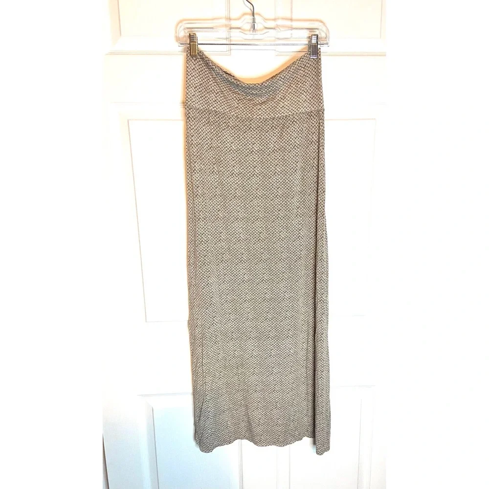 BOHO Geometric Print Maxi Skirt Side Slit Neutral Taupe White Small